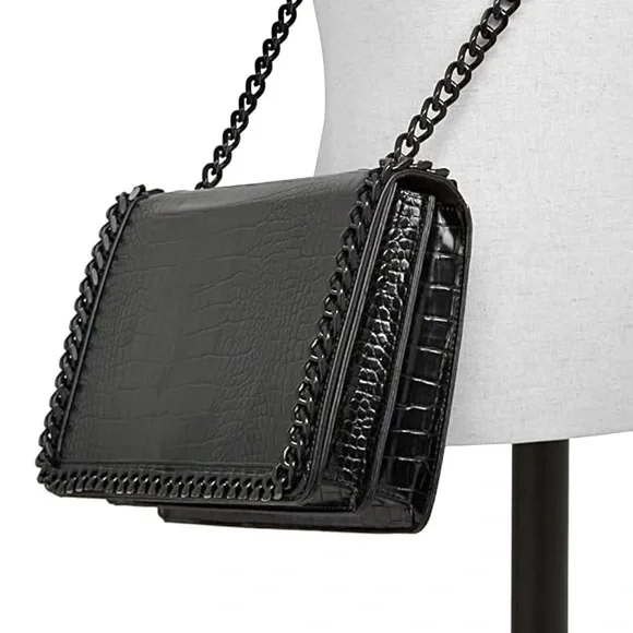 Aldo Black Crocodile Embossed Black Metal Chain Crossbody Bag and Handbag NWOT - Picture 1 of 11